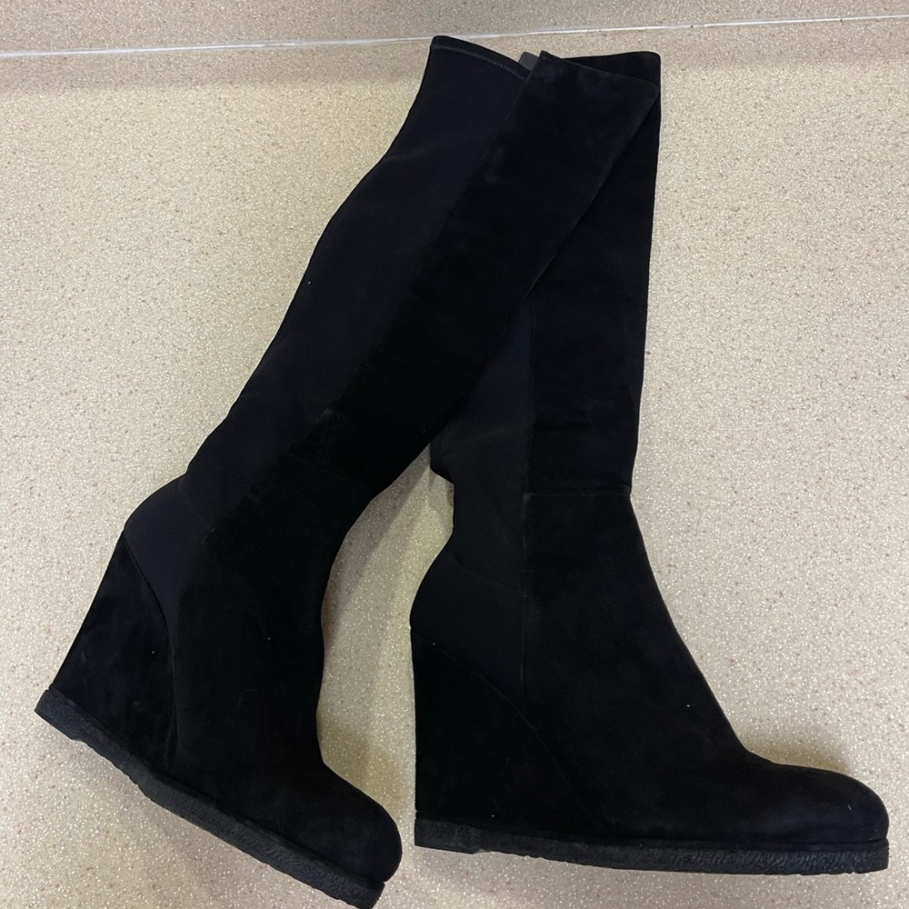 Stuart Weitzman Black Suede Knee High Wedge Boots
